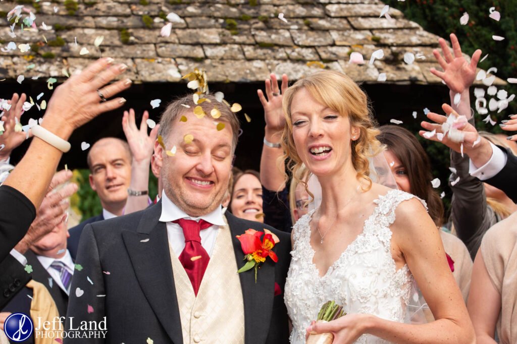 Bride and Groom Confetti St Mary’s Church Wedding in Lower Slaughter