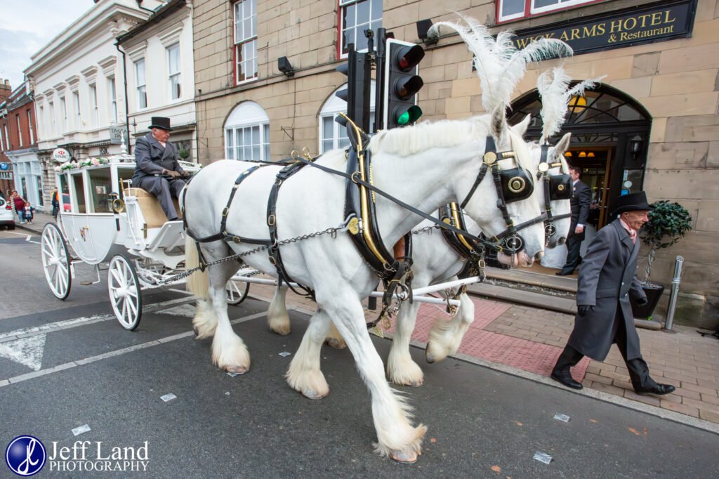Horse Drawn White Wedding Carriage at The Warwick Arms