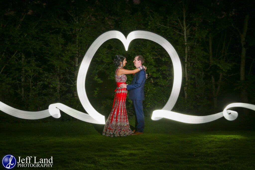 Light Painting Bride and Groom Portrait Love Heart at a Chesford Grange Wedding