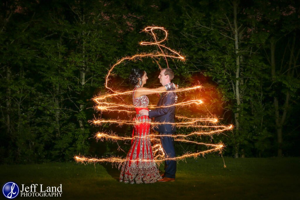 Light Painting Bride and Groom Portrait Spiral Sparklers at a Chesford Grange Wedding