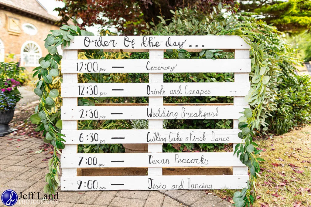 Approved Wedding Photographer Macdonald Alveston Manor Stratford-upon-Avon, Warwickshire Order of the Day Sign