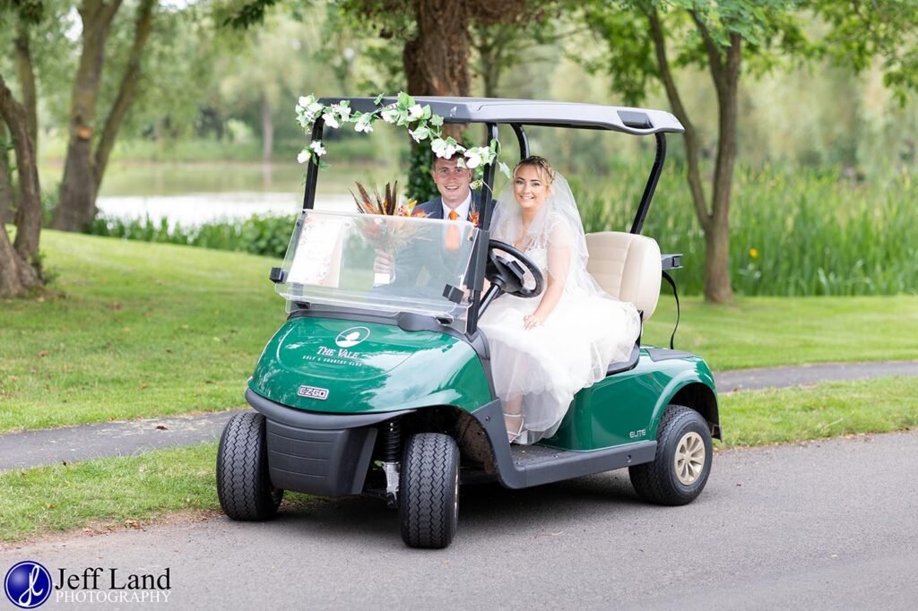Fun Bridal portrait on golf buggy at the Vale Golf Club Evesham