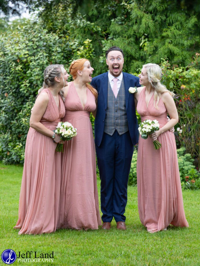 Wedding Reception at Alveston Pastures Farm Stratford upon Avon, Warwickshire groom with bridsmaids