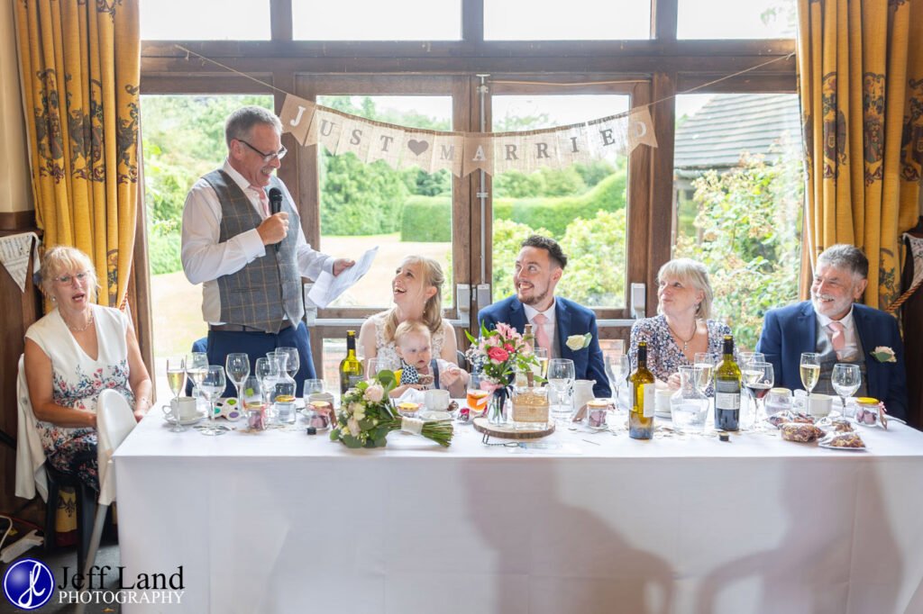 Wedding Reception at Alveston Pastures Farm Stratford upon Avon, Warwickshire top table father of the bride speech