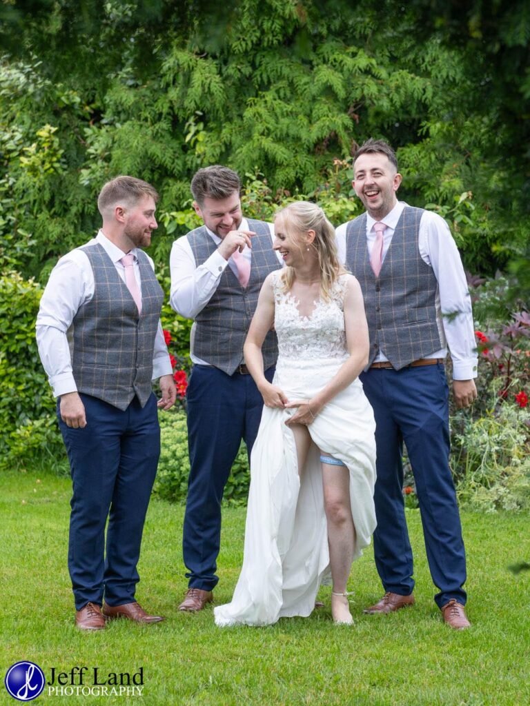 Wedding Reception at Alveston Pastures Farm Stratford upon Avon, Warwickshire groomsmen with bride