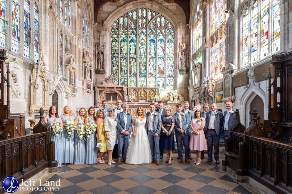 Bridal Party Group Photo inside Holy Trinity Church Wedding Stratford upon Avon Warwickshire