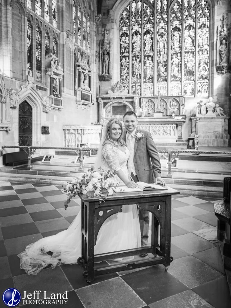 Bride and Groom Holy Trinity Church Wedding Stratford upon Avon Warwickshire black and white