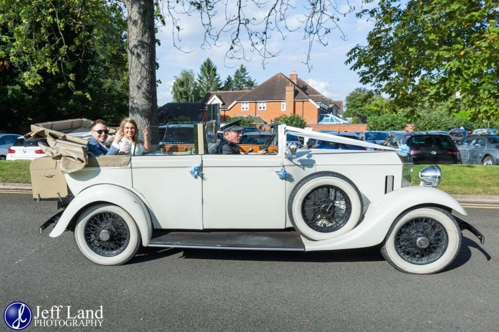 Bride and Groom White Rolls Royce Wedding Car Alveston Manor Stratford upon Avon