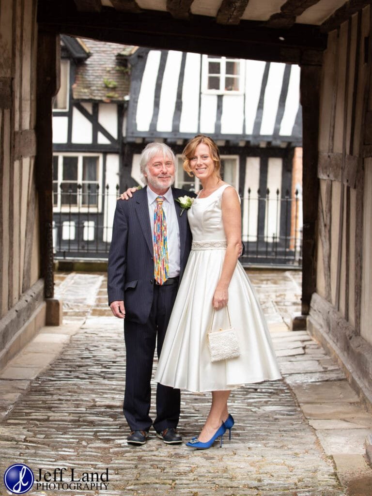 Bride to be with Dad wedding portrait at the Lord Leycester Hospital in Warwick