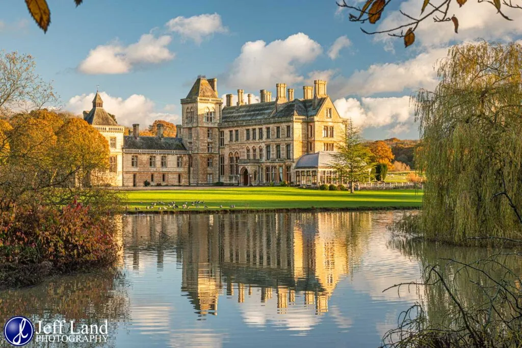 Walton Hall Wedding Venue in Autumn Sunset with Reflection on Lake