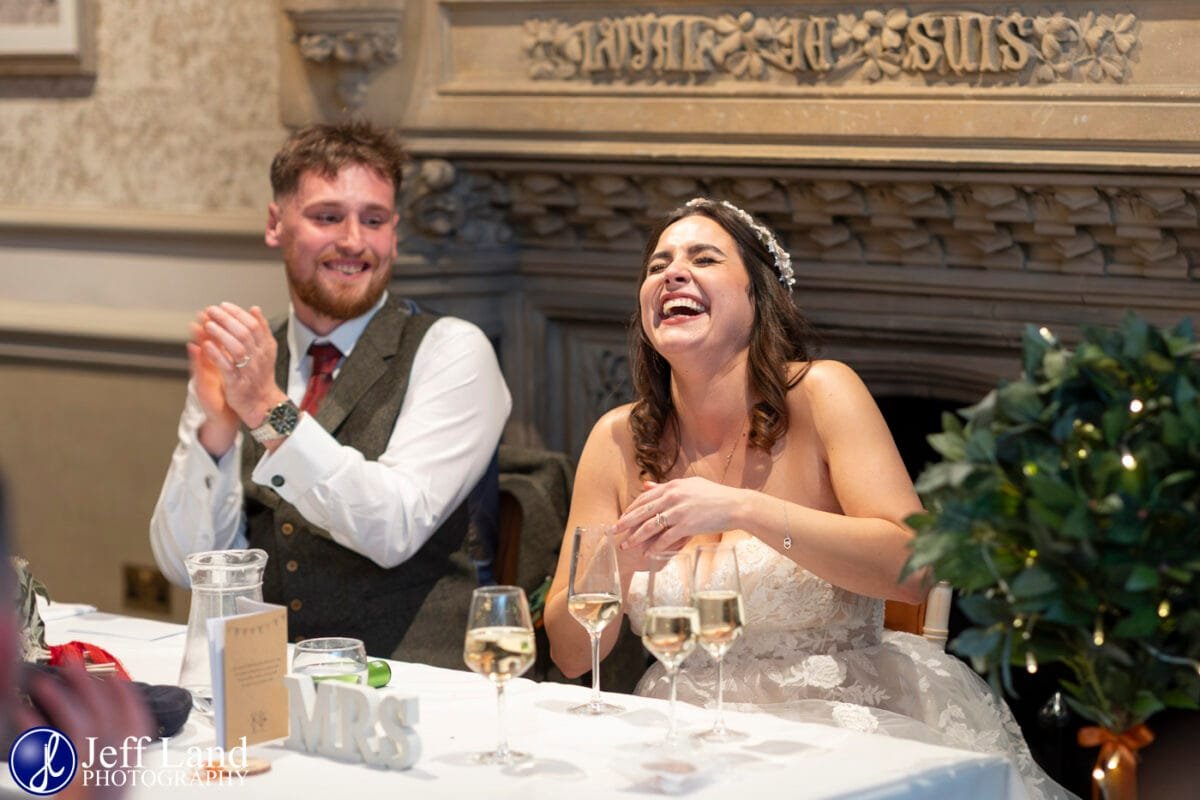 Ettington Park Wedding Wedding Breakfast Bride Laughing