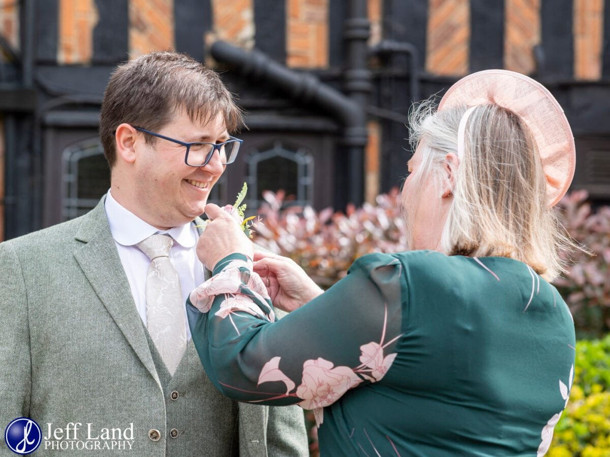 Groom and Mum buttonhole wedding at Alveston Manor Stratford-upon-Avon, Warwickshire