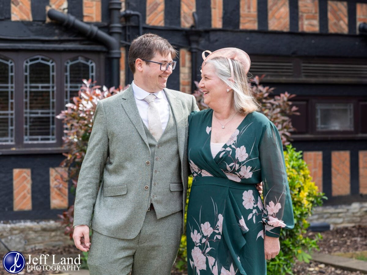 Groom and Mum fun Portrait wedding at Alveston Manor Stratford-upon-Avon, Warwickshire